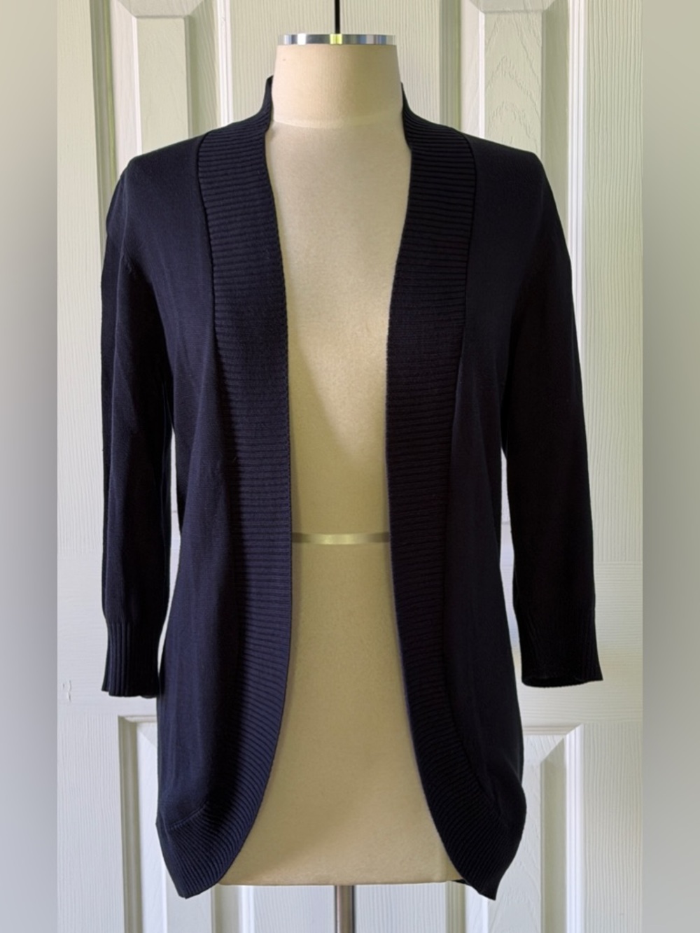 Verve Ami Navy Blue Open Front Cardigan Ribbed Trim 3/4 Sleeve Size M
